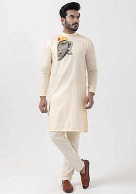 Beige Yoke Design Cotton Kurta Set For Men