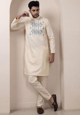 Beige Yoke Design Cotton Kurta Set For Men