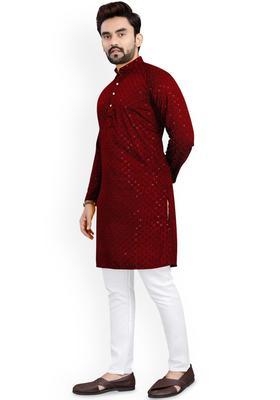 Maroon Embroidered Cotton Kurta Set For Men