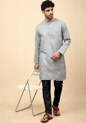 Grey Solid Cotton Kurta Set For Men