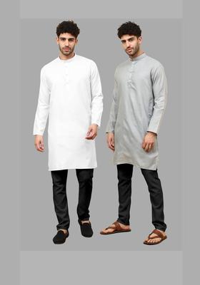 Grey Solid Cotton Kurta Set For Men