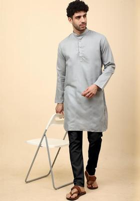 Grey Solid Cotton Kurta Set For Men
