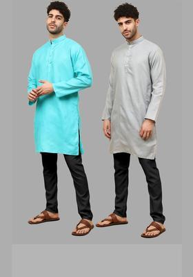 Grey Solid Cotton Kurta Set For Men