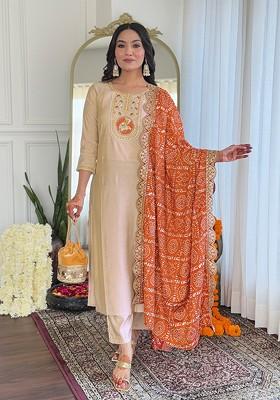 Beige Embroidered Poly Blended Kurta Sets