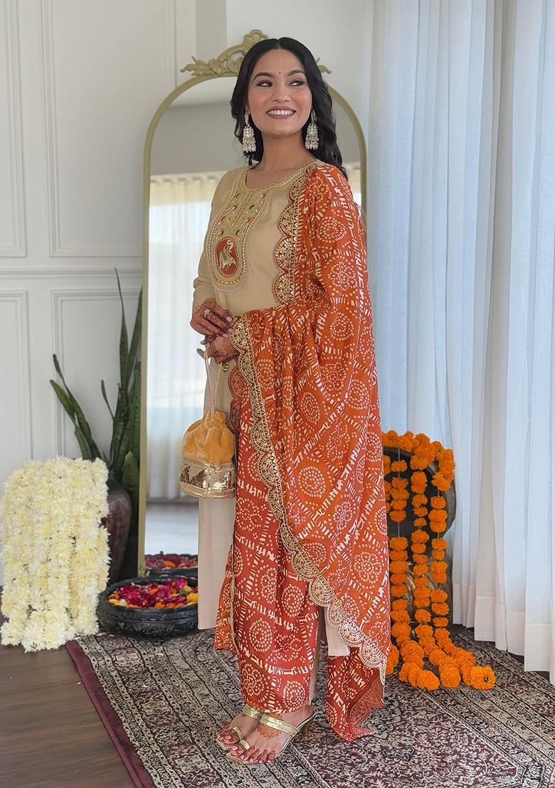 Beige Embroidered Poly Blended Kurta Sets - Indya