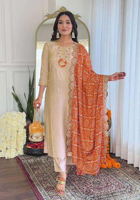 Beige Embroidered Poly Blended Kurta Sets