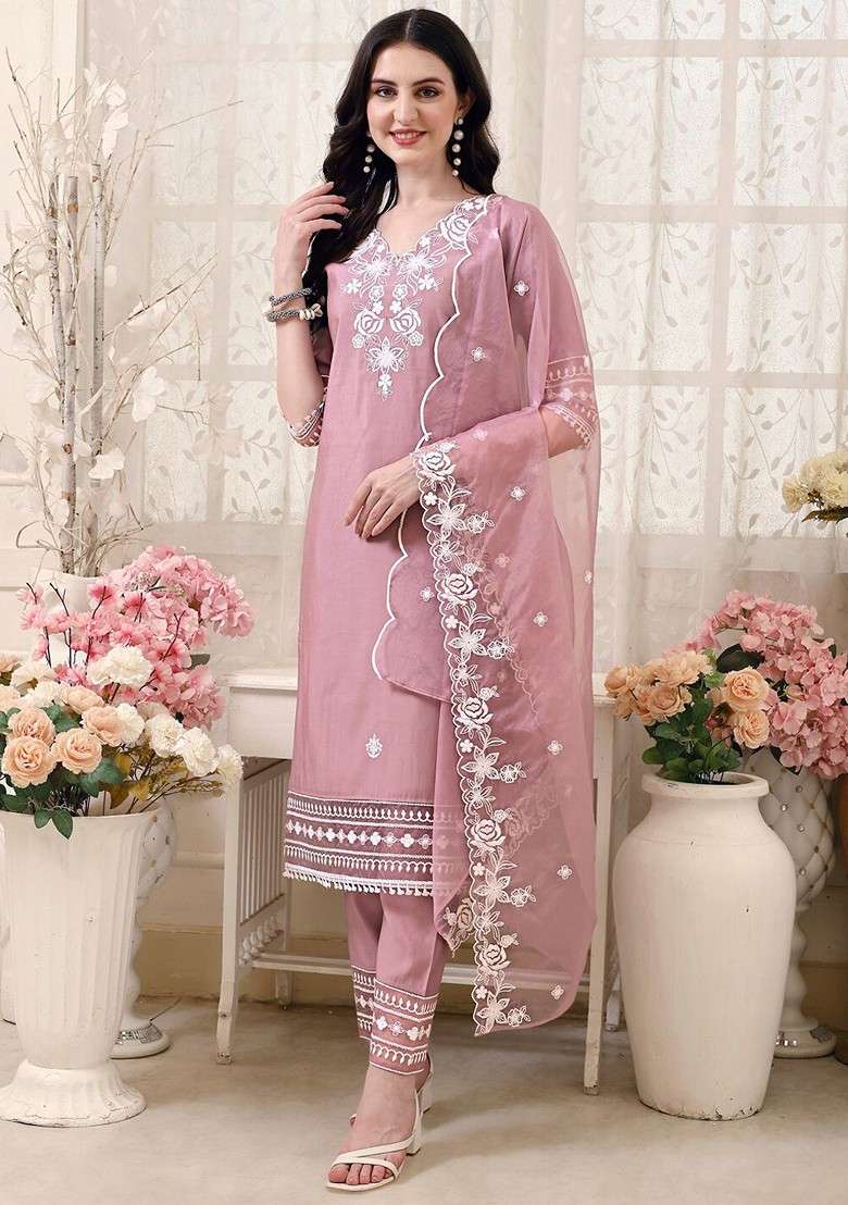 Lavender Embroidered Poly Blended Kurta Sets - Indya