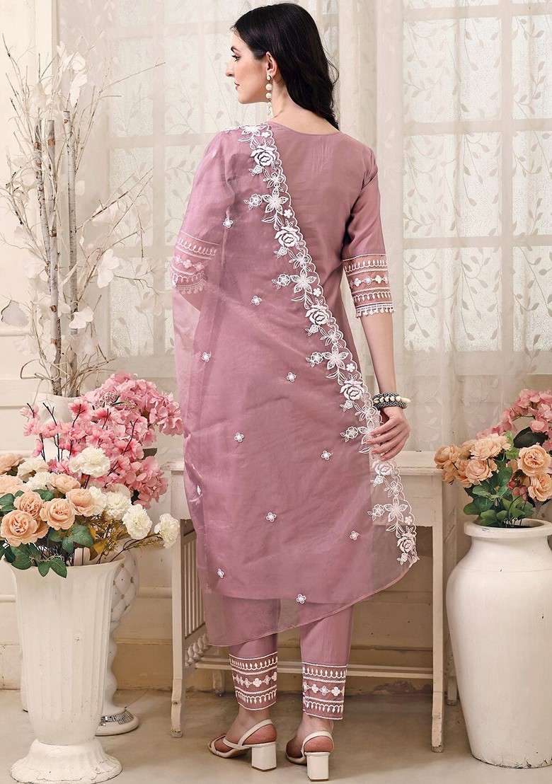 Lavender Embroidered Poly Blended Kurta Sets - Indya
