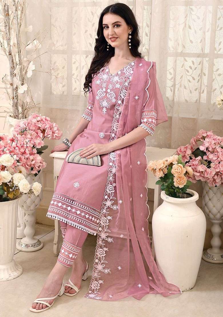 Lavender Embroidered Poly Blended Kurta Sets - Indya