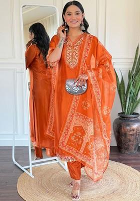 Orange Embroidered Poly Blended Kurta Sets