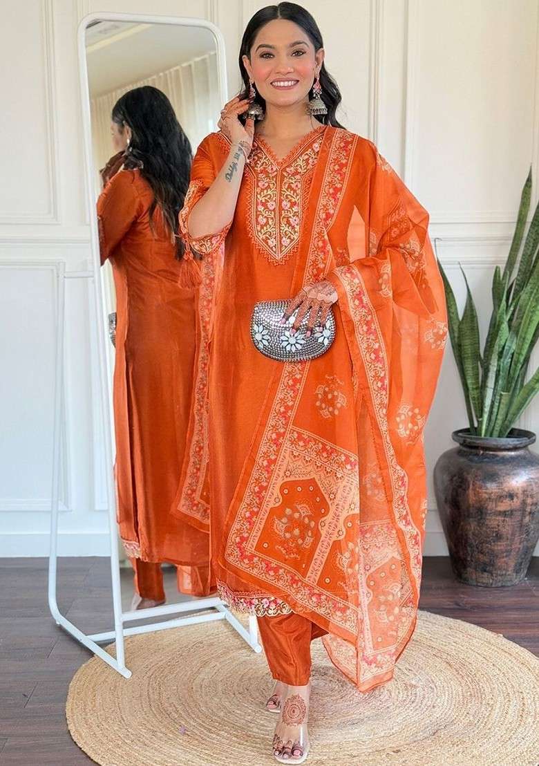 Orange Embroidered Poly Blended Kurta Sets - Indya