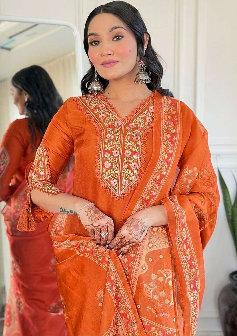 Orange Embroidered Poly Blended Kurta Sets - Indya