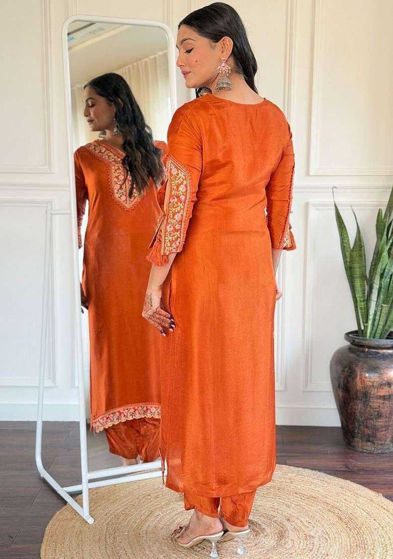 Orange Embroidered Poly Blended Kurta Sets - Indya