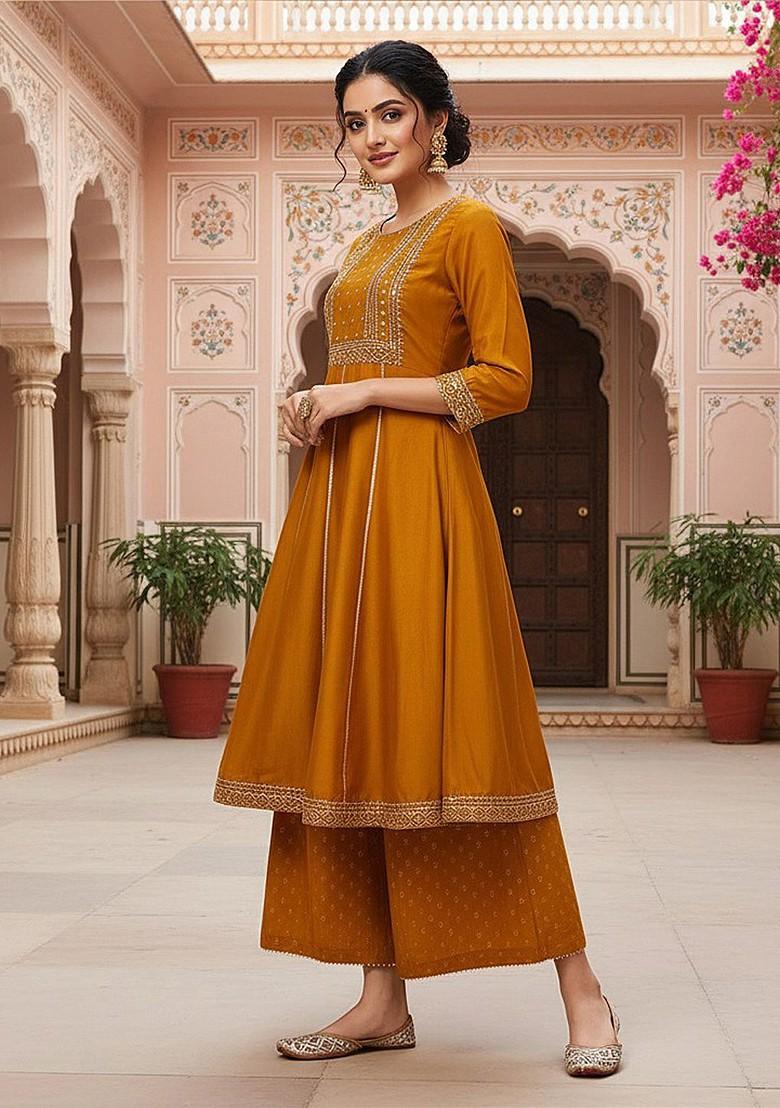 Mustard Embroidered Poly Blended Kurta Sets - Indya