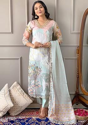 Lime Green Embroidered Poly Blended Kurta Sets