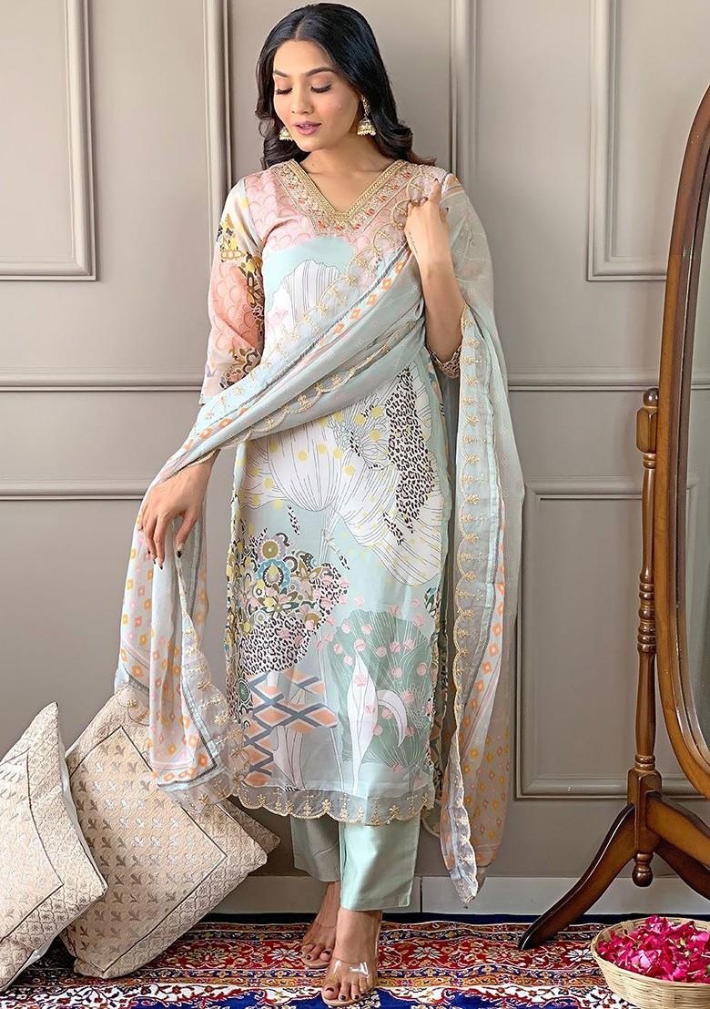 Lime Green Embroidered Poly Blended Kurta Sets - Indya