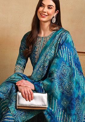 Teal Embroidered Poly Blended Kurta Sets