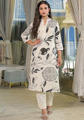Off White Embroidered Poly Blended Kurta Sets