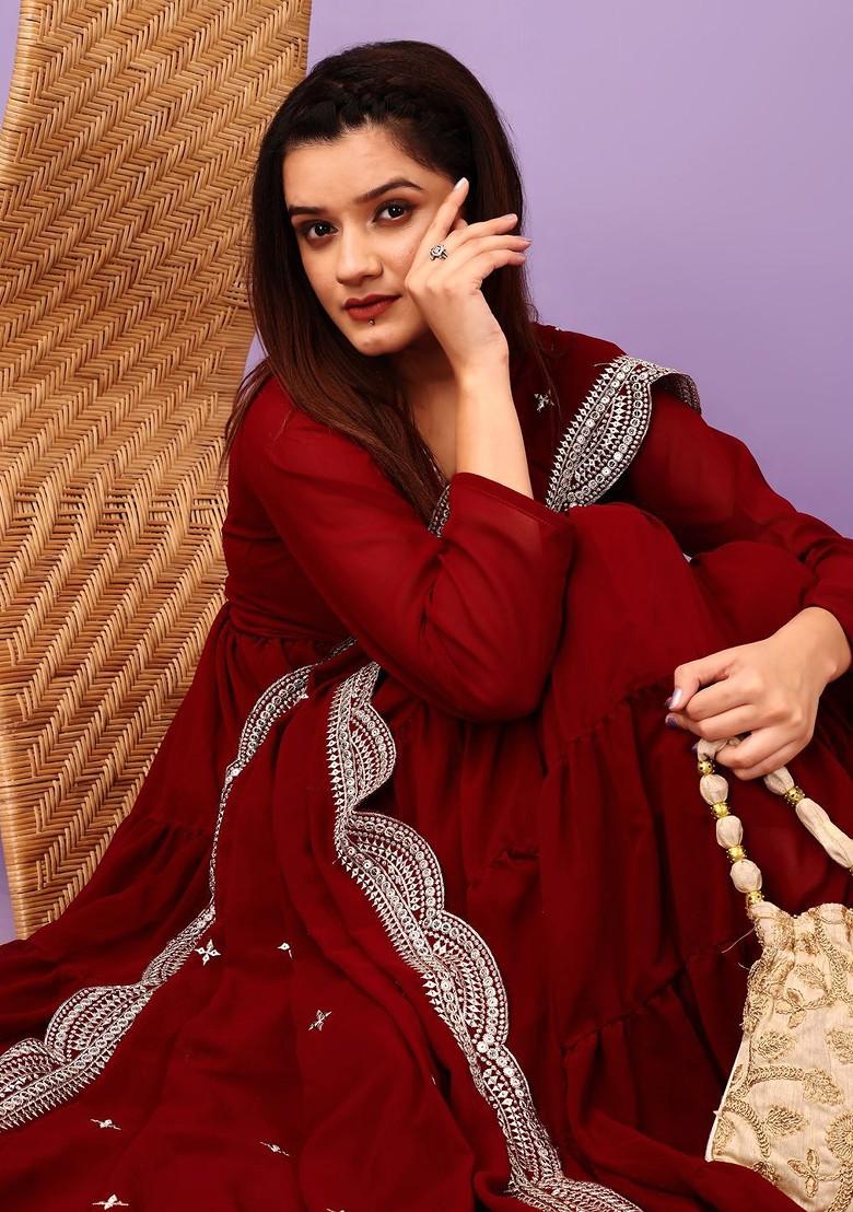 Maroon Embroidered Poly Blended Kurta Sets - Indya