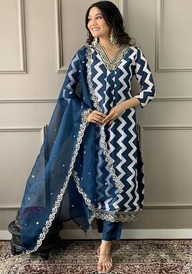 Turquoise Blue Embroidered Poly Blended Kurta Sets