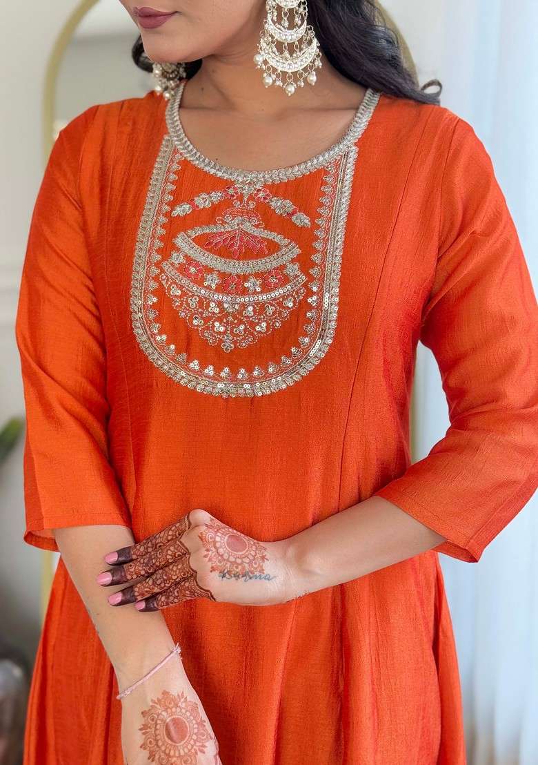 Orange Embroidered Poly Blended Kurta Sets - Indya