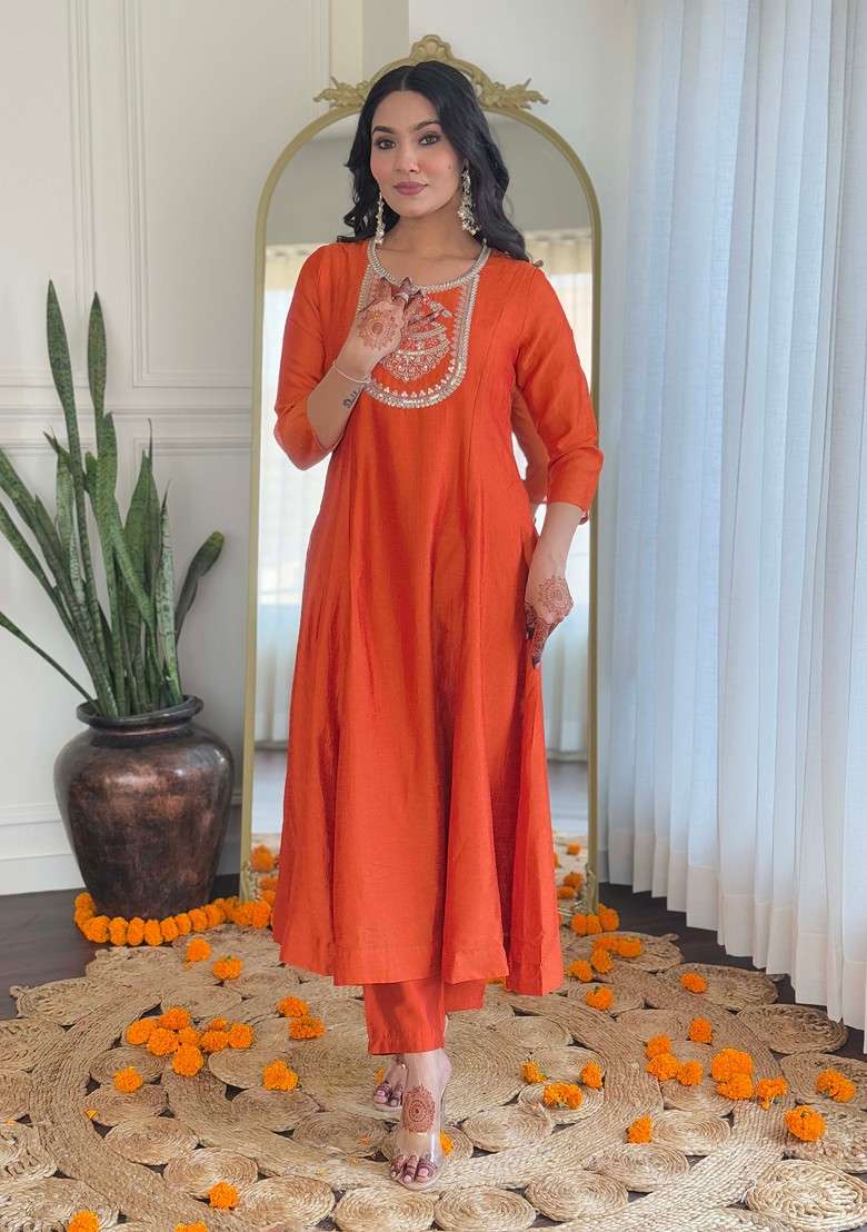 Orange Embroidered Poly Blended Kurta Sets - Indya