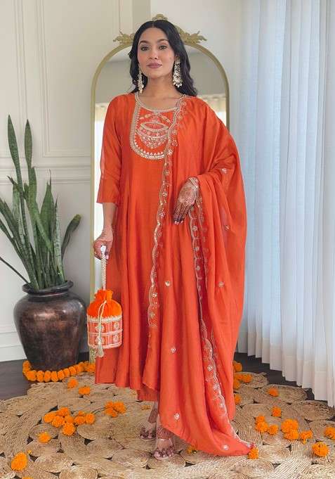 Orange Embroidered Poly Blended Kurta Sets