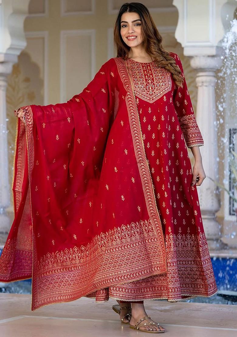 Red Embroidered Poly Blended Kurta Sets