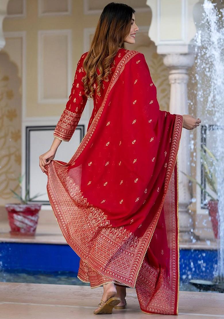 Red Embroidered Poly Blended Kurta Sets