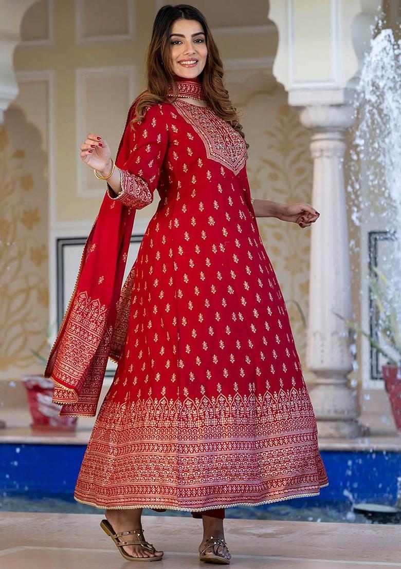Red Embroidered Poly Blended Kurta Sets