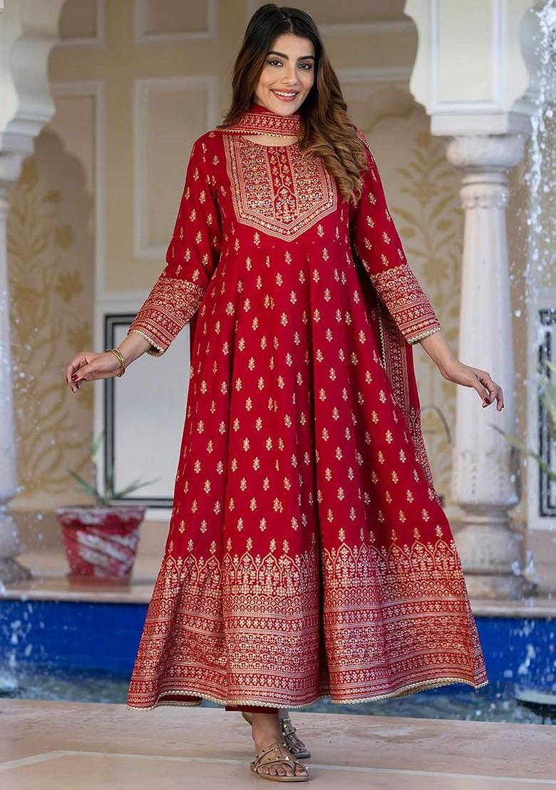 Red Embroidered Poly Blended Kurta Sets