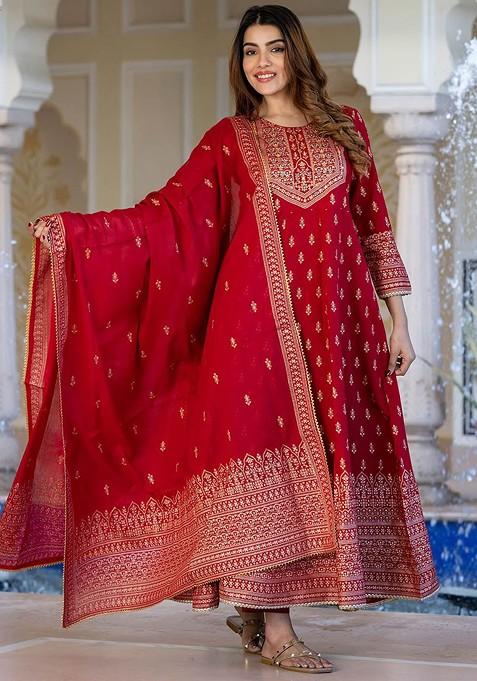 Red Embroidered Poly Blended Kurta Sets