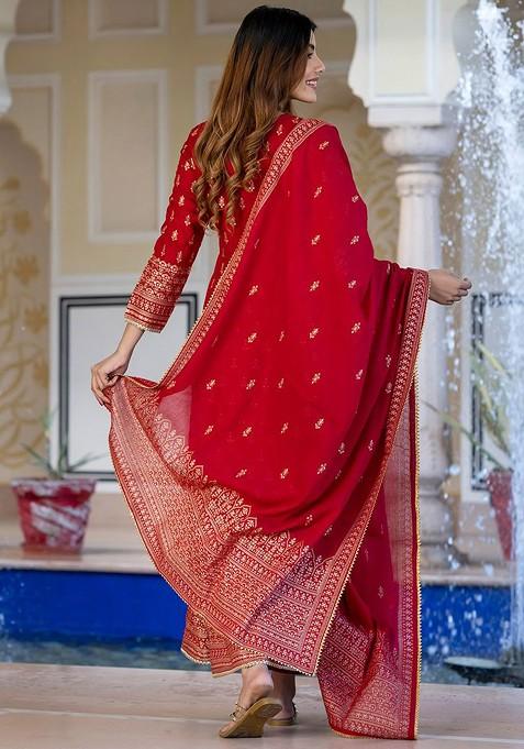 Red Embroidered Poly Blended Kurta Sets