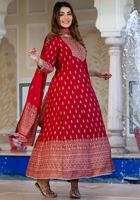 Red Embroidered Poly Blended Kurta Sets