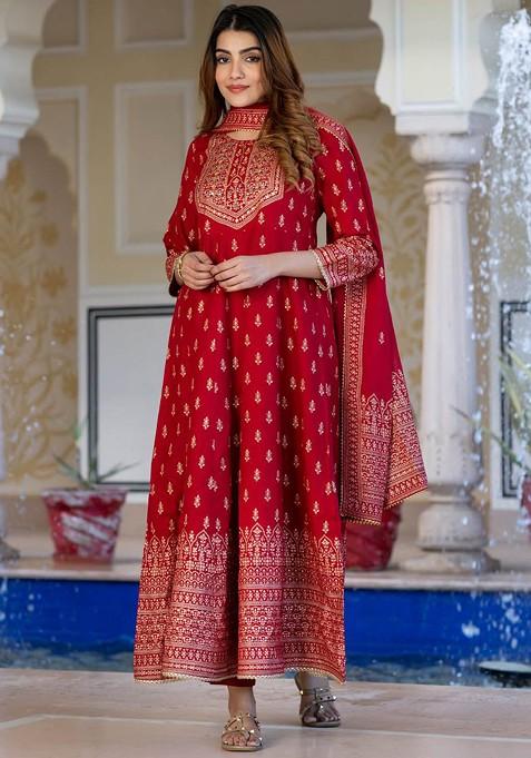 Red Embroidered Poly Blended Kurta Sets