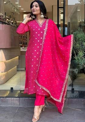 Fuchsia Embroidered Poly Blended Kurta Sets