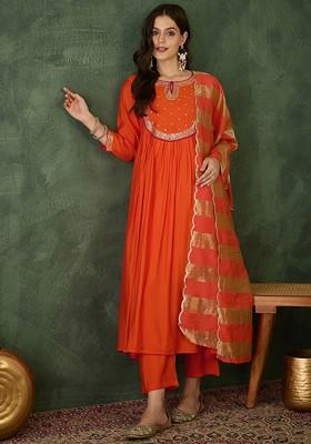 Rust Embroidered Poly Blended Kurta Sets
