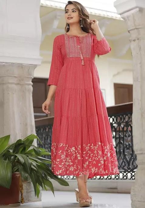 Red Embroidered Poly Blended Kurtas