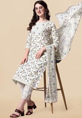Off White Embroidered Poly Blended Kurta Sets