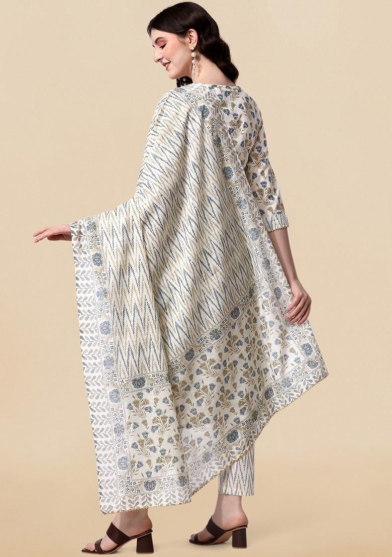 Off White Embroidered Poly Blended Kurta Sets - Indya