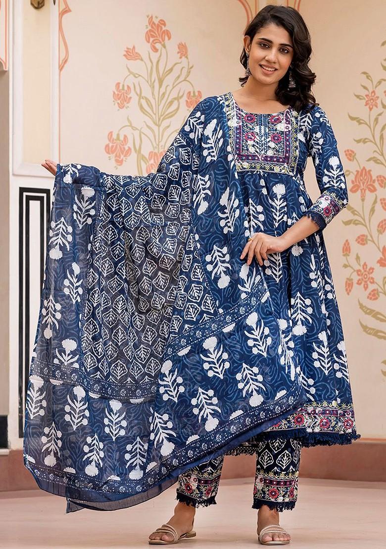 Blue Embroidered Poly Blended Kurta Sets - Indya