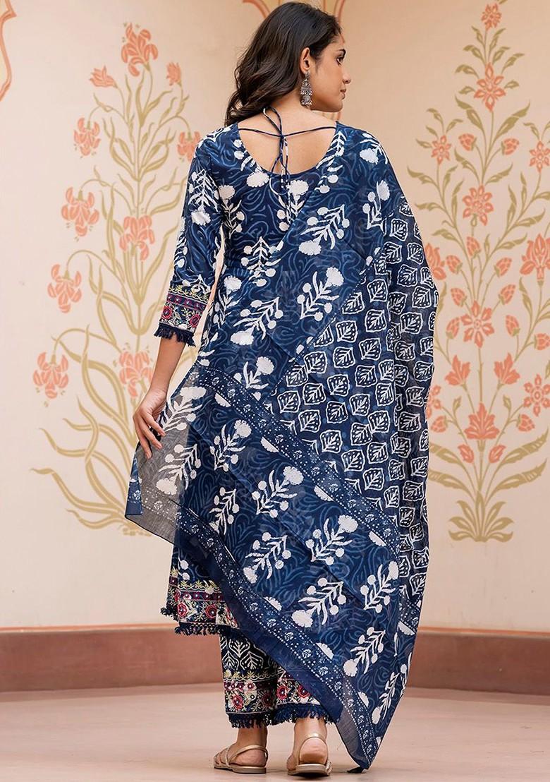 Blue Embroidered Poly Blended Kurta Sets - Indya