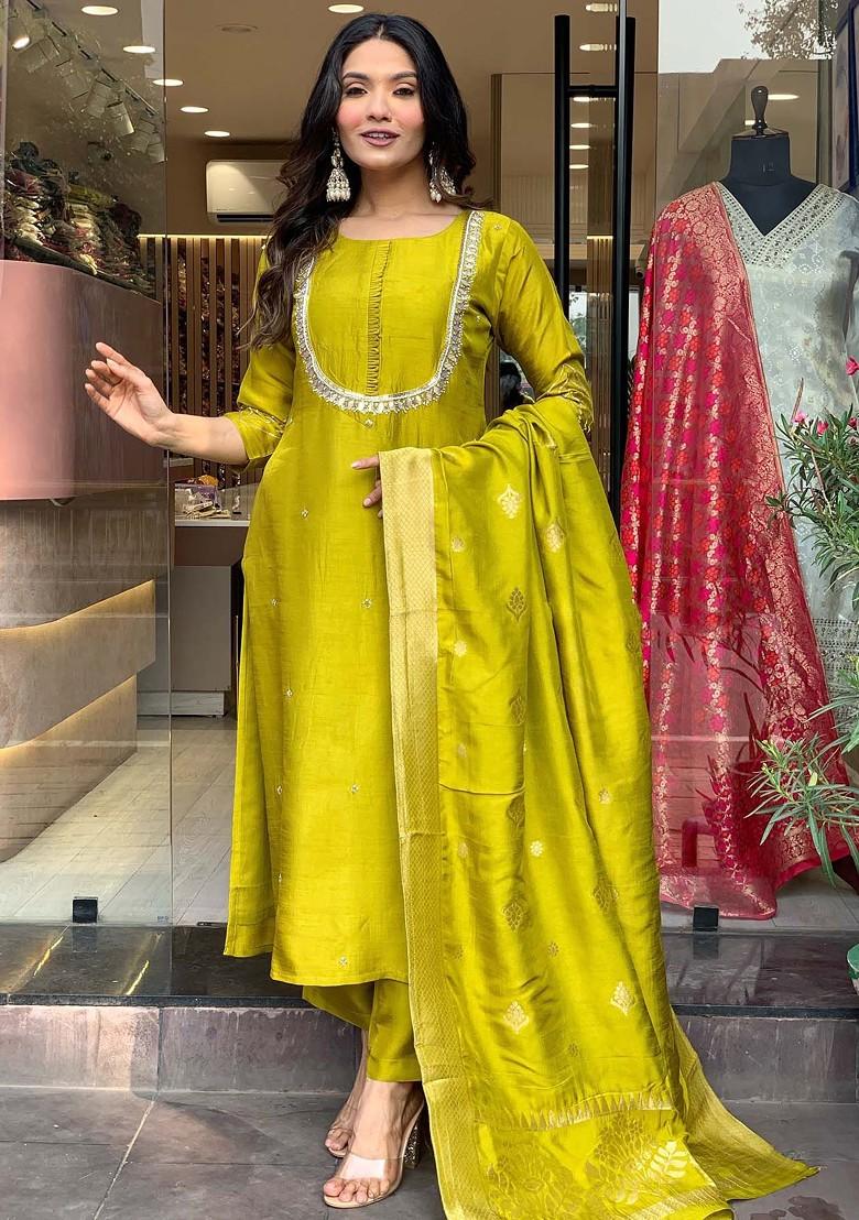 Green Embroidered Poly Blended Kurta Sets - Indya