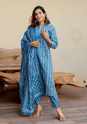 Turquoise Blue Embroidered Poly Blended Kurta Sets