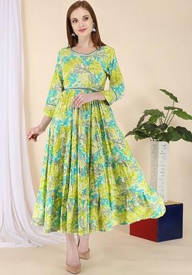 Lime Green Embroidered Poly Blended Kurtas