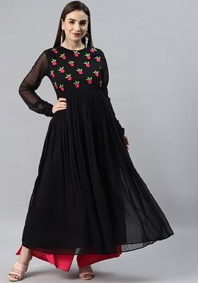 Black Embroidered Poly Blended Kurtas
