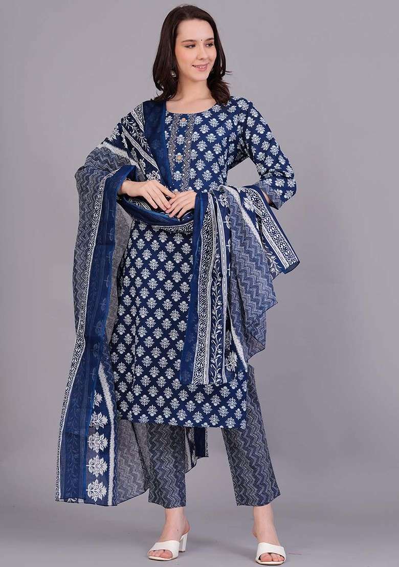 Blue Embroidered Poly Blended Kurta Sets - Indya