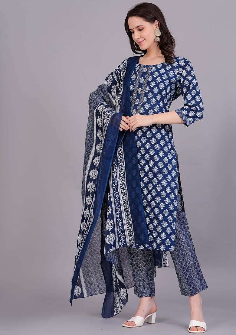 Blue Embroidered Poly Blended Kurta Sets - Indya