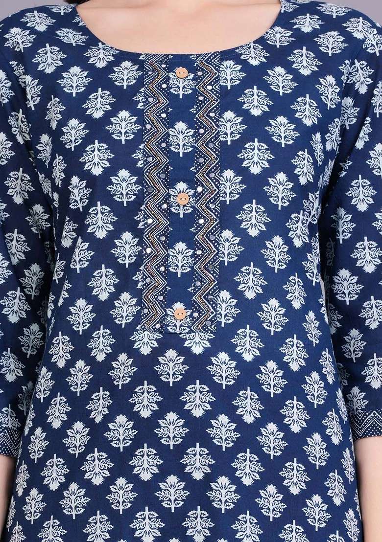 Blue Embroidered Poly Blended Kurta Sets - Indya