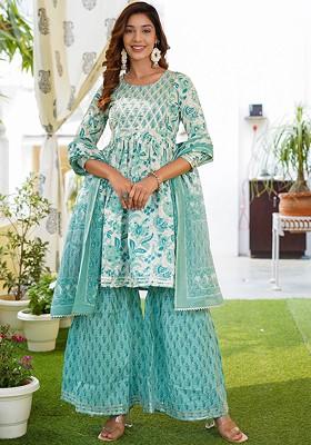 Sea Green Embroidered Poly Blended Kurta Sets